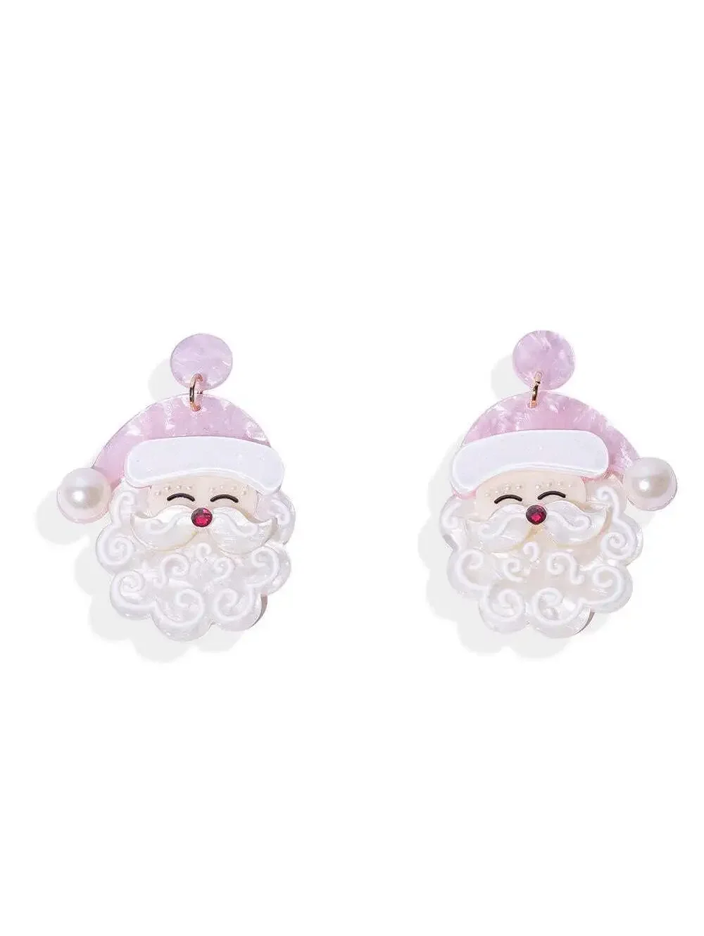 Pink Santa Claus Acrylic Drop Christmas Earrings with Pearl Accents